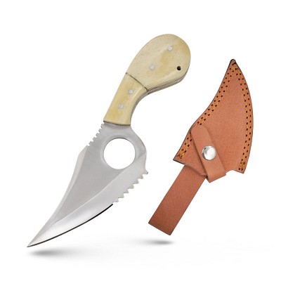 7.25 Inch Handmade Fixed Blade Skinner Knife with Finger Hole - Real Bone Handle