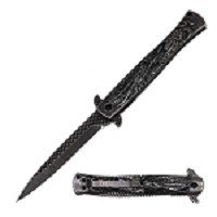9” Stonewash Dragon Engraved Stiletto Style Spring Assist Pocket Knife
