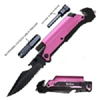 6-in-1 Survival Pink Spring Assist Folding Knife with LED Light Tool