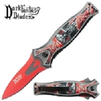 8.25 Inch Red Fantasy Skull & Marijuana Leaf Spring Assisted Knife