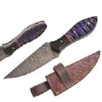 Old Ram Handmade Full Tang Damascus Steel Hunting Knife with Blue & Black Twisted Wood Handle
