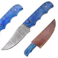 Old Ram Damascus Steel Drop Point Fixed Blade Survival Knife with Blue Wood Handle