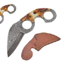 Old Ram Handmade Real Damascus Karambit Knife with Bone Handle & Leather Sheath