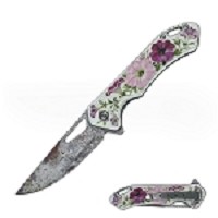 White Floral Design 7.7 Inch Overall Spring Assisted Knife