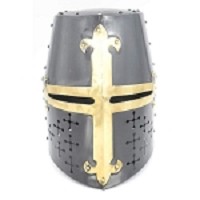 Templar Brass Crusader Helmet Knights Helmet Black and Gold with Stand