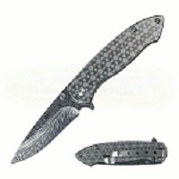 Feather Etched Blade and Geometric Grey Handle Spring Assisted Knife