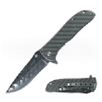 Spring Assisted Knife – Grey Damascus Wave Laser Etched Blade & Carbon Fiber Look Handle