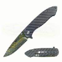 Spring Assisted Knife – Yellow Damascus Wave Laser Etched Blade & Carbon Fiber Look Handle