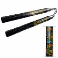 12.5 Inch Black Wood With Green Oriental Chinese Dragon Nunchaku