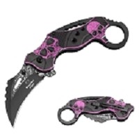 Tactical Karambit Spring Assisted Knife - Purple Skulls