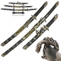 3 Piece Dragon Samurai Sword Set with Wooden Display Stand