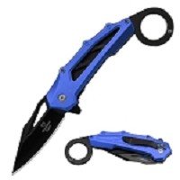 Blue Metal Handle Finger Hole Grip Spring Assist Karambit Knife