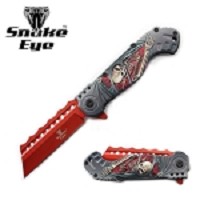 Mean Skull Handle Spring Assisted Knife Red Cleaver Blade