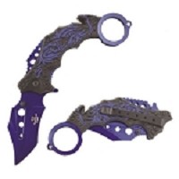 Tactical Blue Karambit Spring Assist Knife Finger Ring Stiff Grip