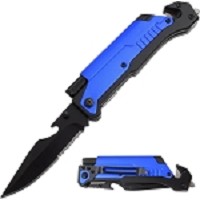 8.5 Inch 6-in-1 Multi-Tool Black and Blue Rescue Folding Pocket Knife LED and Fire Starter