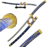 Samurai Reverse Jintachi Blue Sword Silk Hardwood Handle with Stand
