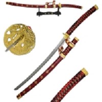 Samurai Reverse Jintachi Red Sword Silk Hardwood Handle with Stand