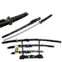 Black 3 Pcs Bushido Dragon Samurai Katana Sword Set with Stand