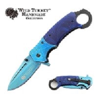 Spring-Assisted Knife with Thumb Ring - Blue Handle
