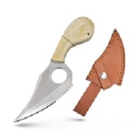 7.25 Inch Handmade Fixed Blade Skinner Knife with Finger Hole - Real Bone Handle